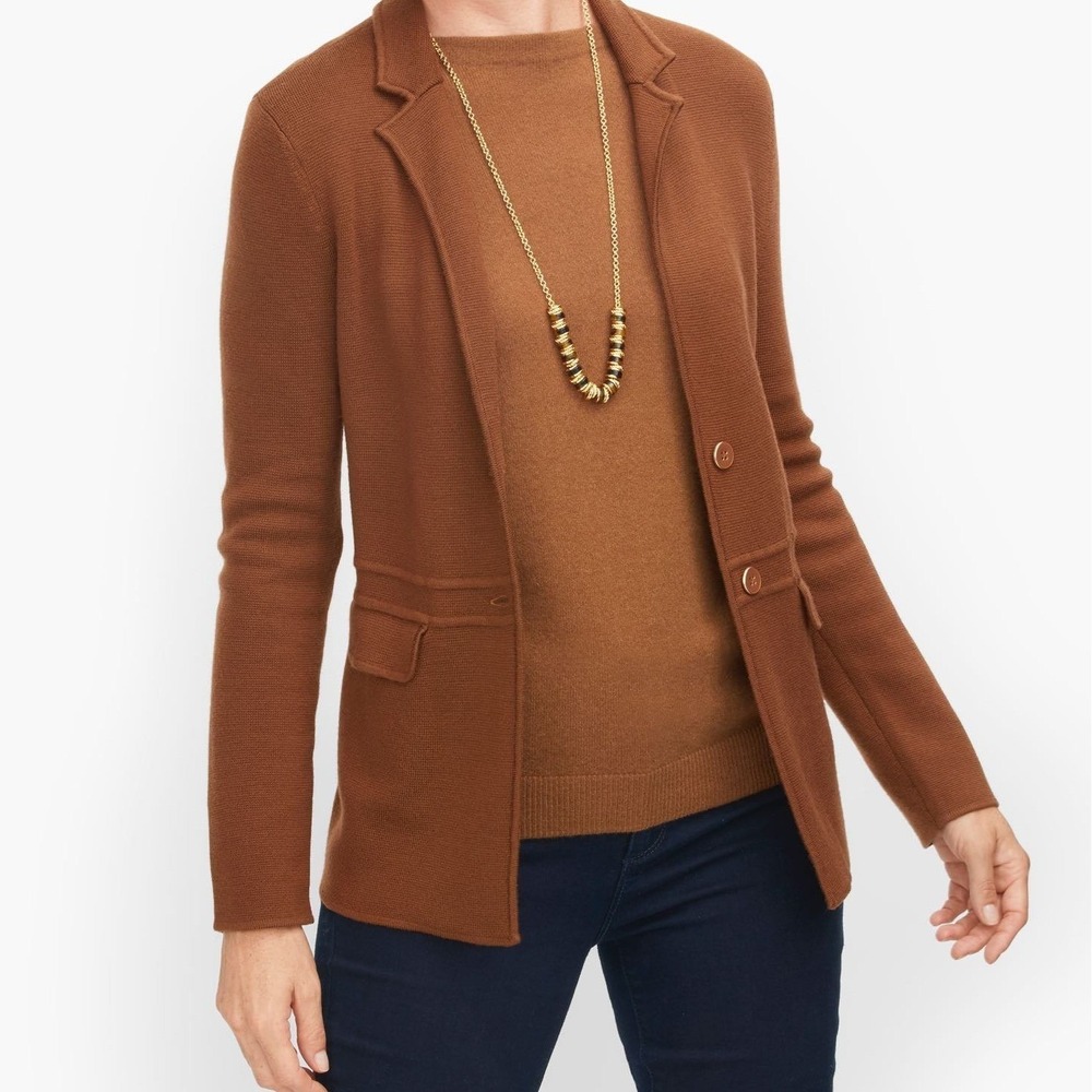 Talbots Plus Brown Pure Merino Wool Knit Cardigan Blazer 3X Long Sleeve Button